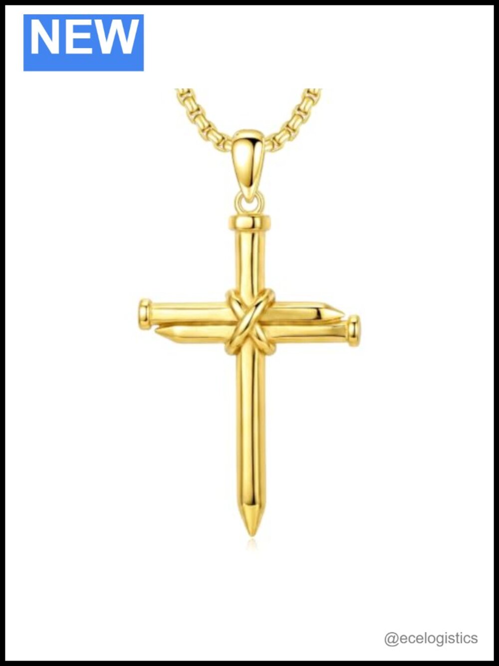 14K Gold Plated Cross Pendant Necklace 43mm Box Chain Religious Jewelry